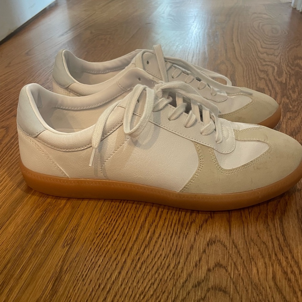 J. Crew White and Tan Sneakers with Light Blue heel detail, Like New